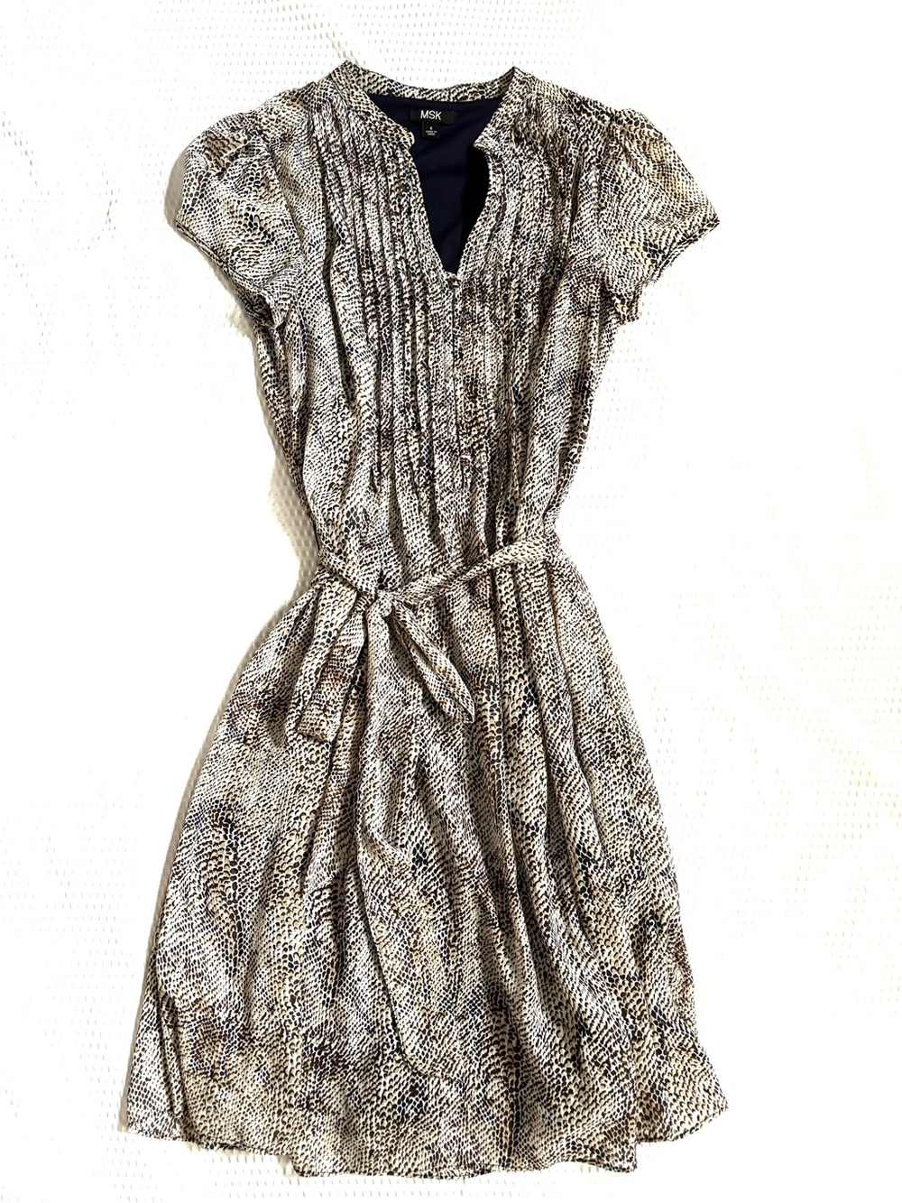 MSK Navy Blue and Cream Printed Short Sleeve Tie-Waist Dress